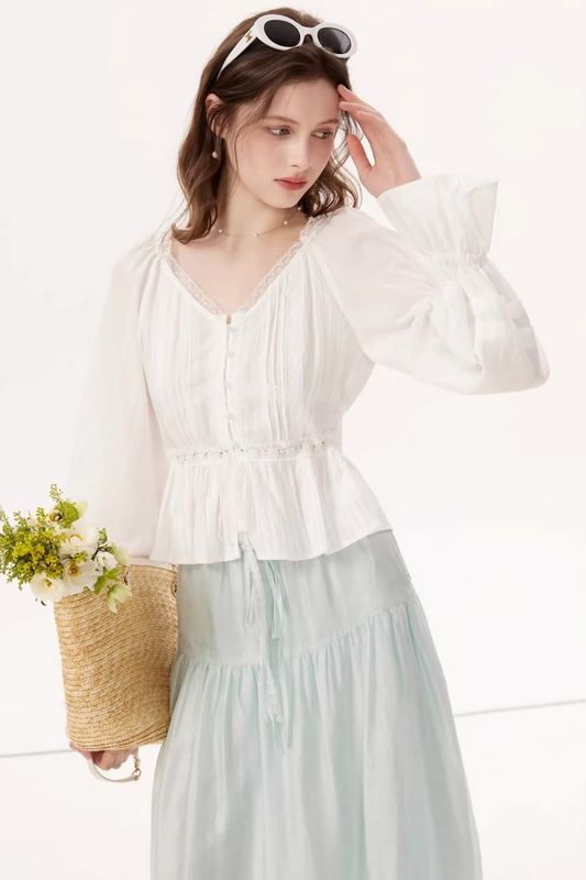 White Textured V-Neck Blouse