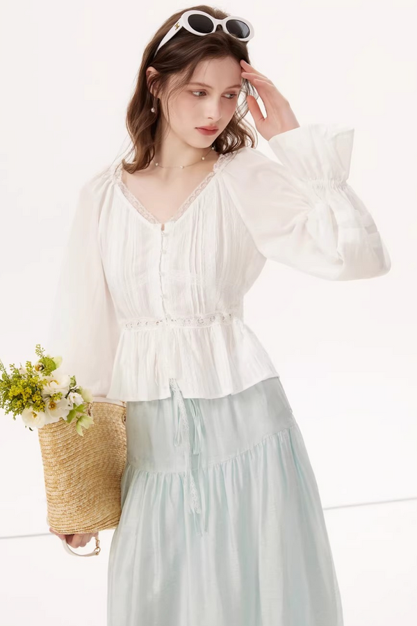 White Textured V-Neck Blouse