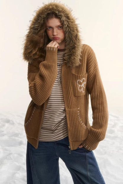 Detachable Fur Hooded Cardigan