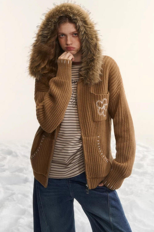Detachable Fur Hooded Cardigan