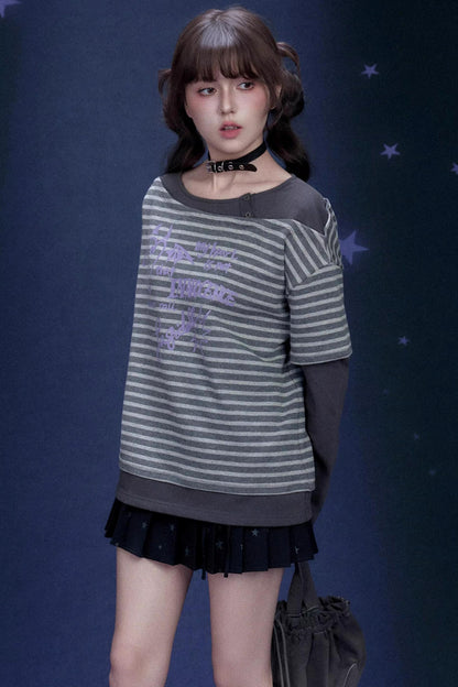 Dark Gray Striped Graffiti Print Top