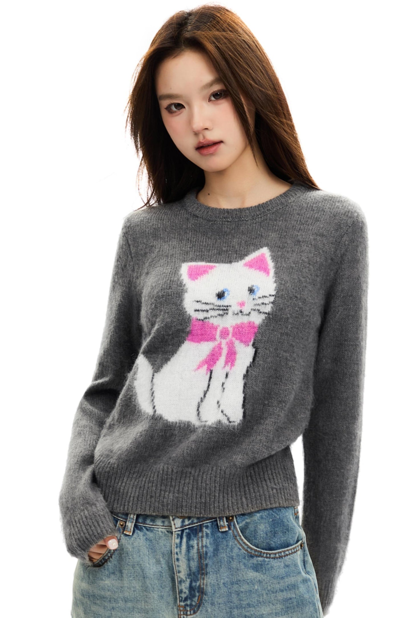 Intarsia Cat Mohair Knit Top