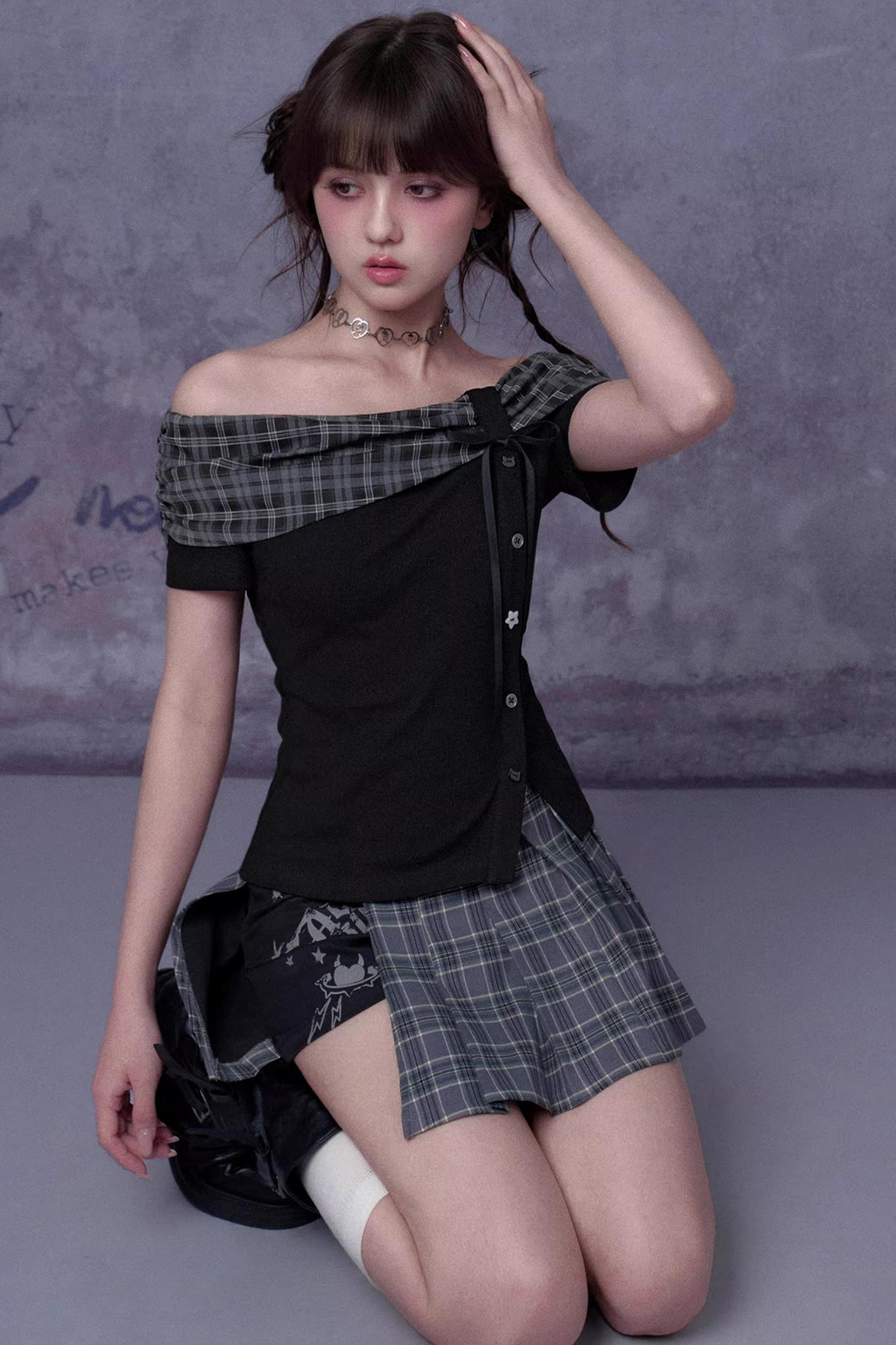 Plaid Bow-Knot One-Shoulder Matching Set