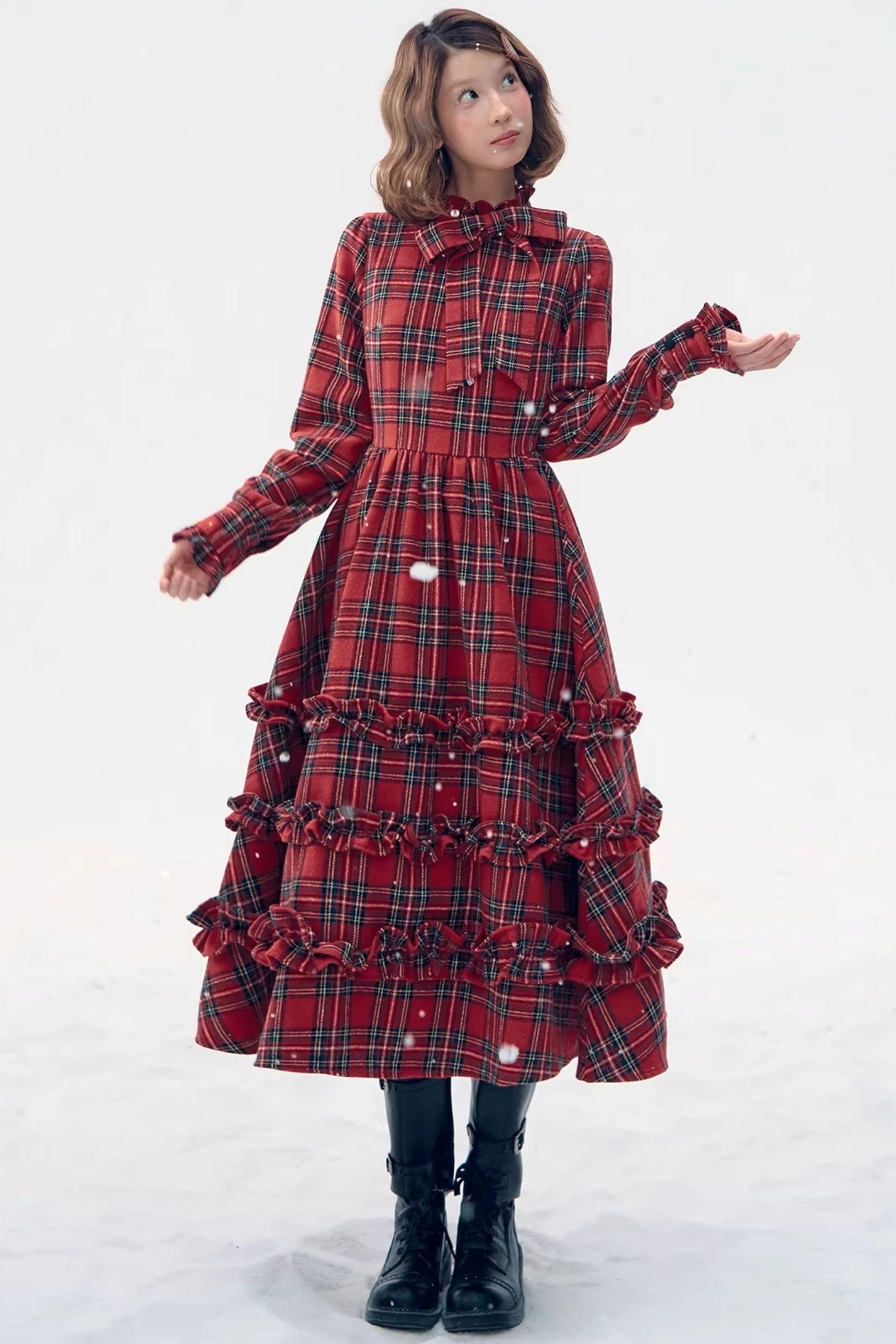 Retro Red Plaid Ruffle Dress