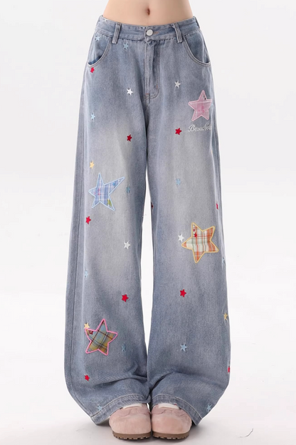 Star-Patterned Vintage Denim Pants