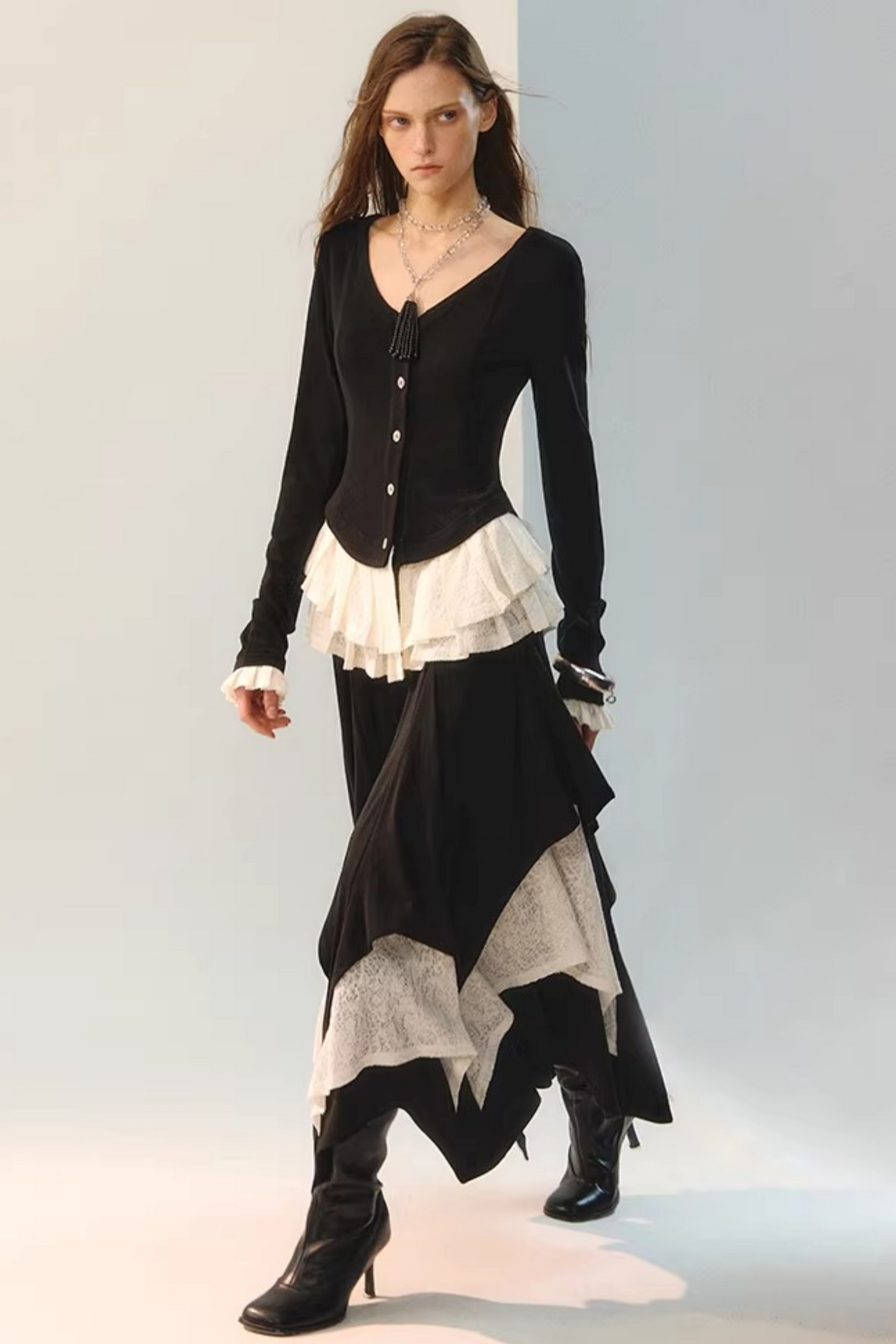 Black Wool Lace Top & Skirt Set-Up