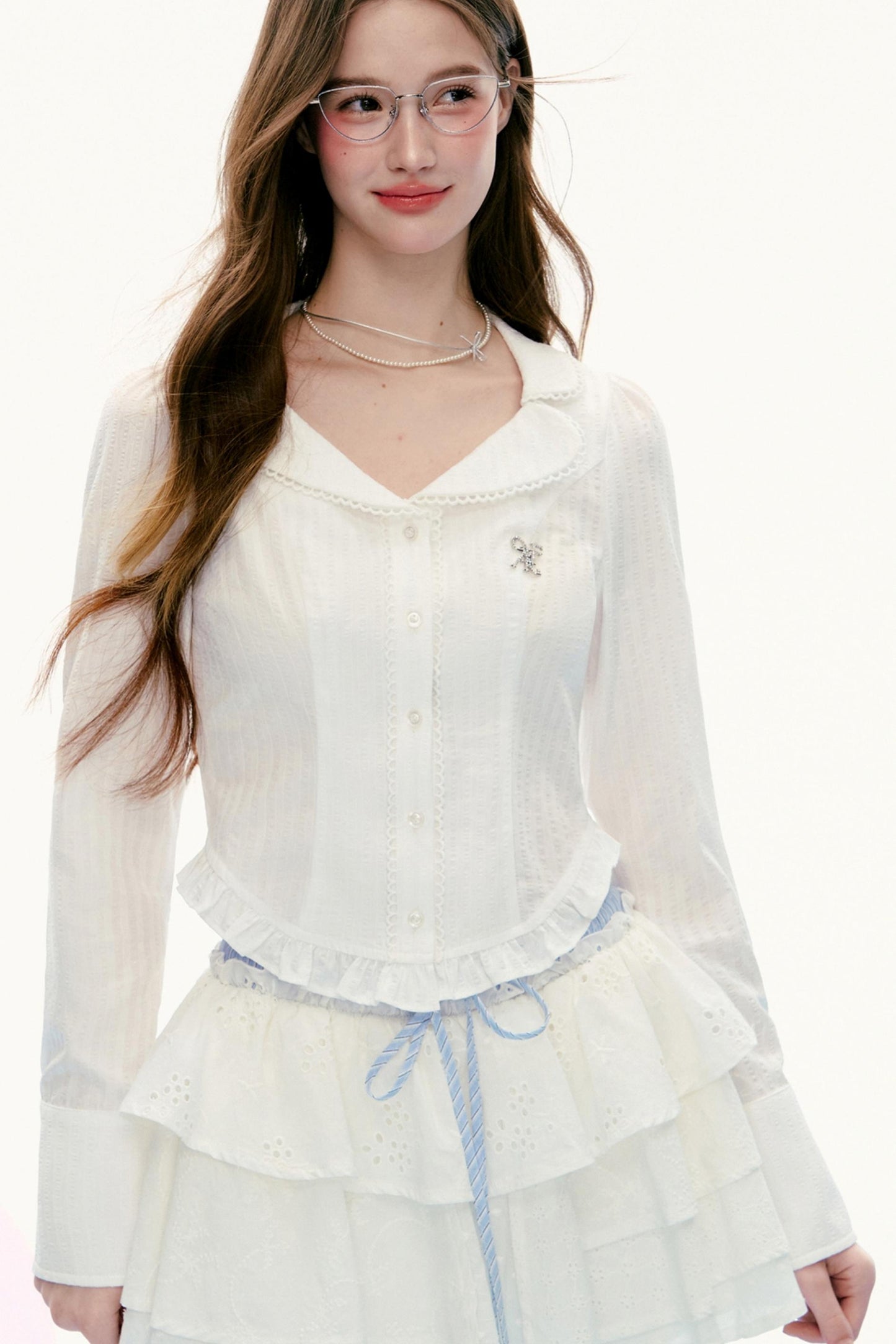 French Retro Lace Stitching Short Shirt