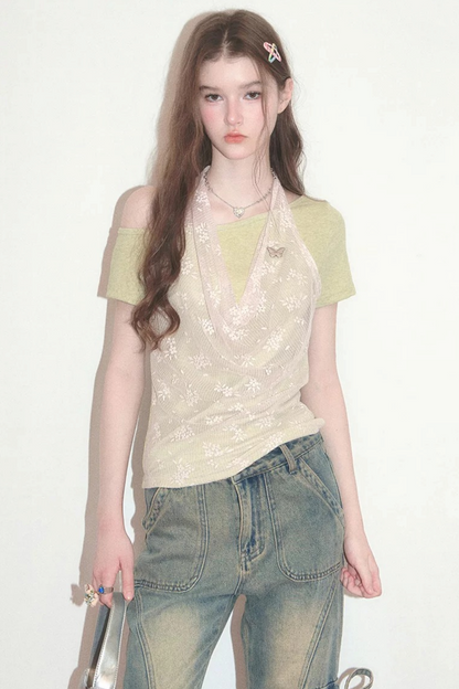 Maglia sovrapposta all'americana in pizzo floreale a maniche corte