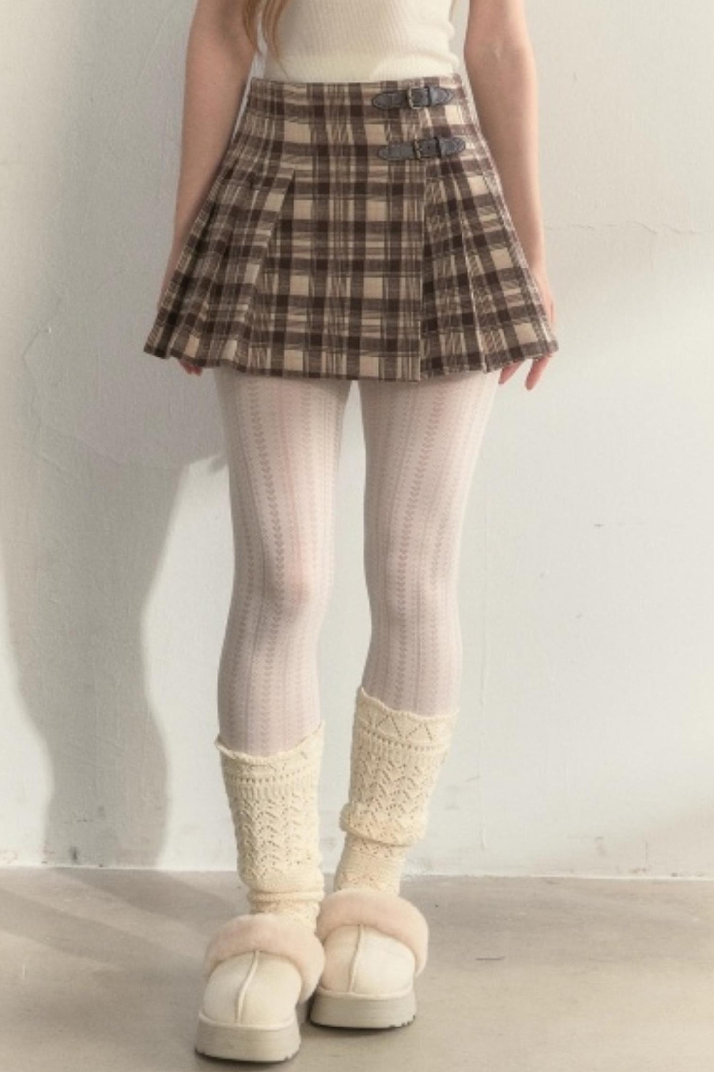 Plaid Leather Buckle Skirt