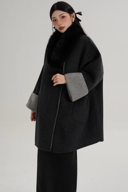 Elegant Fox Fur Collar Wool Cape Coat