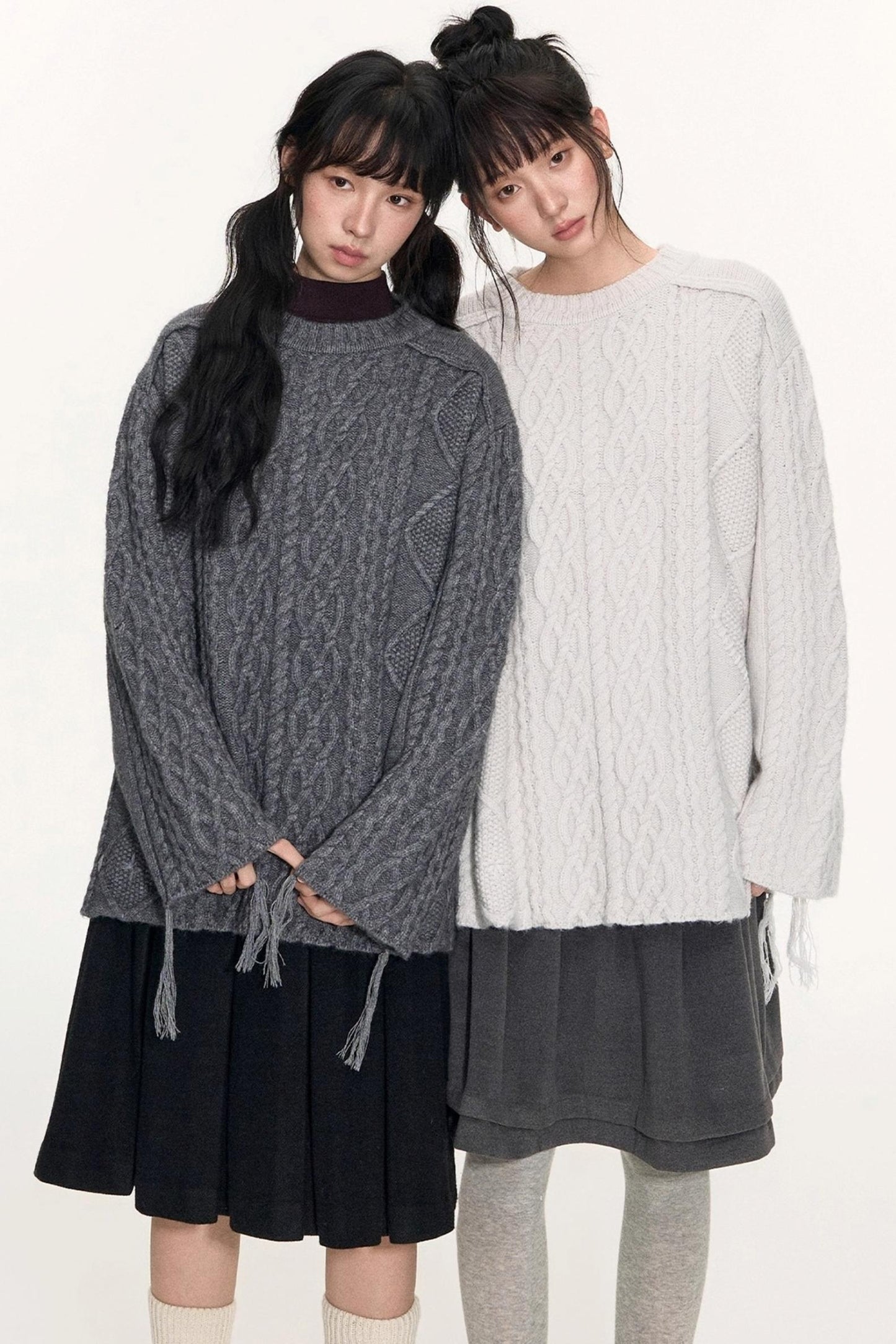 Crew Neck Crochet Cable Knit Sweater