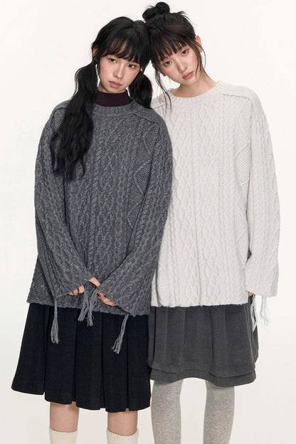 Crew Neck Crochet Cable Knit Sweater