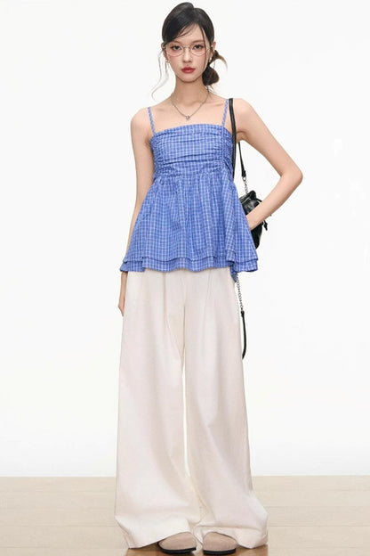 Plaid Strapless Top & White Pants Set-Up