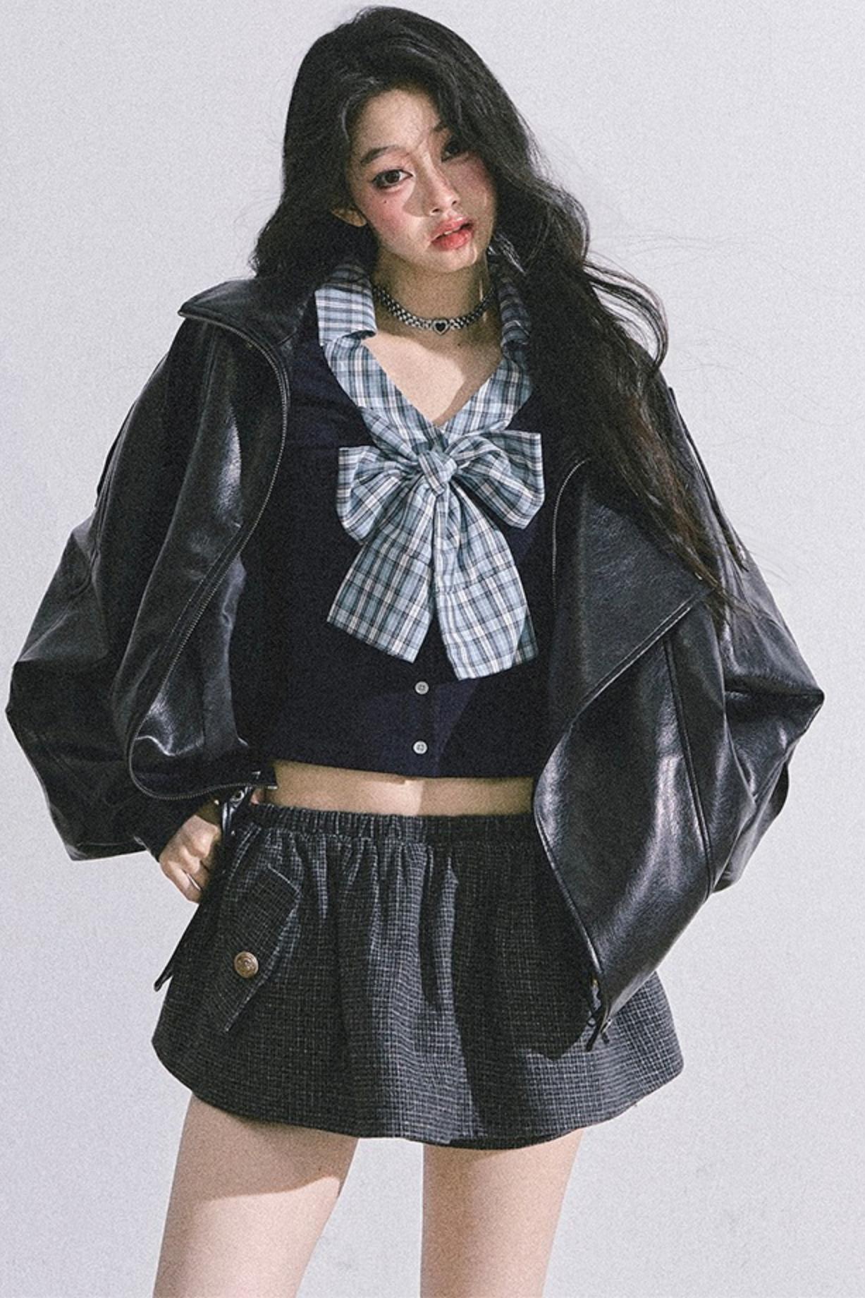 American Long-Sleeved Bow Plaid T-Shirt