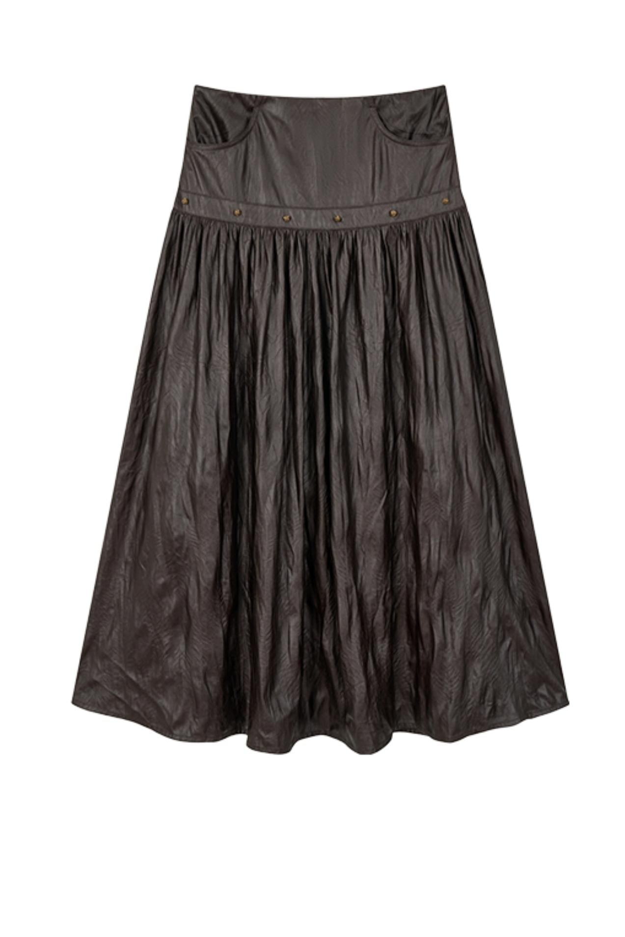 Mid-LENGTH IMITATION LEATHER PLEATED SKIRT