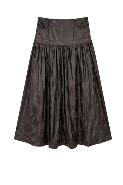 Mid-LENGTH IMITATION LEATHER PLEATED SKIRT