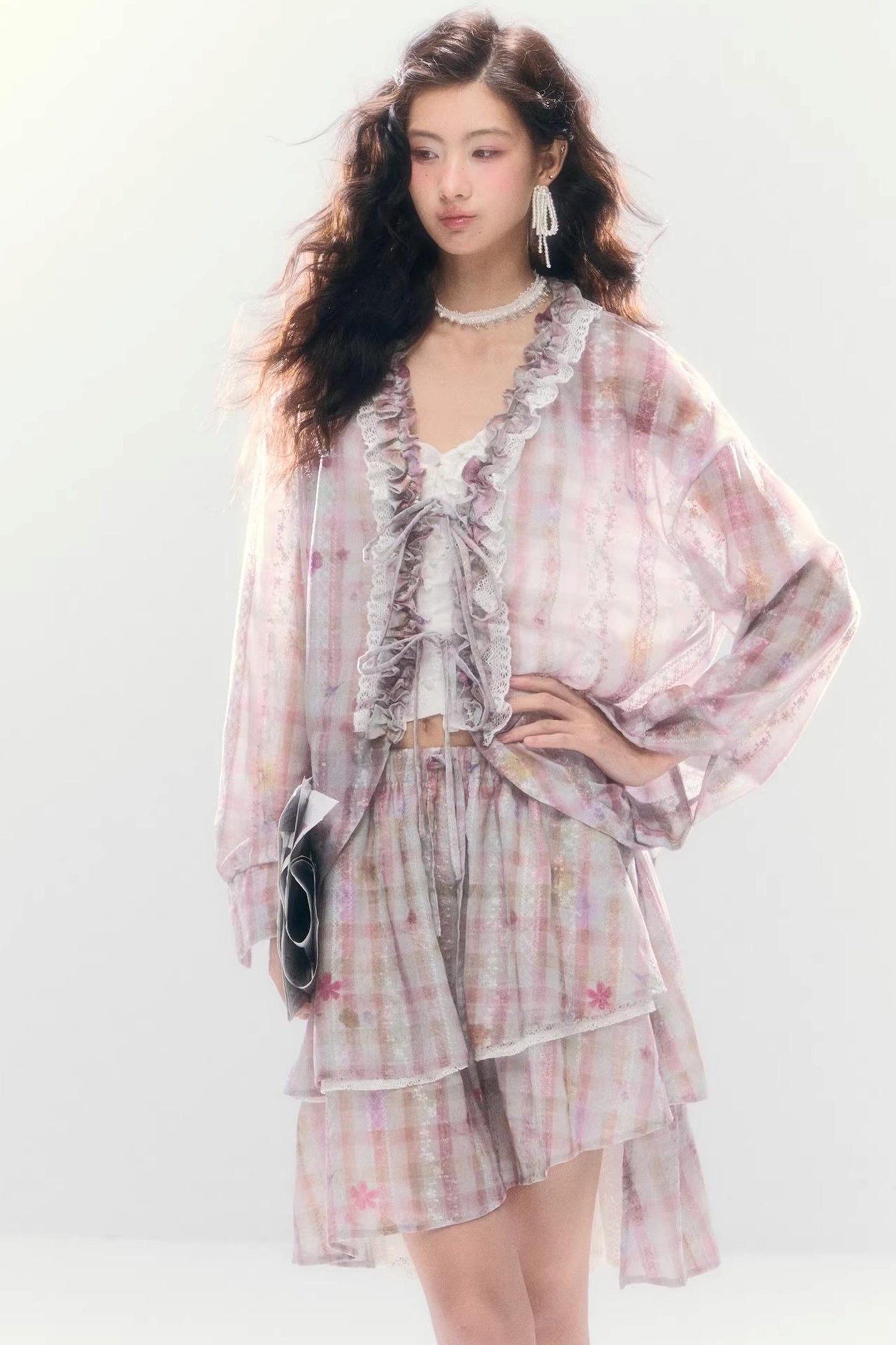 Lace-Tie Cotton Cardigan Matching Set