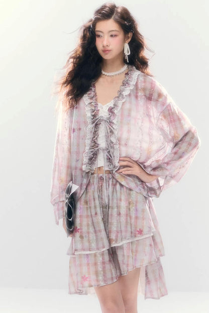 Lace-Tie Cotton Cardigan Matching Set