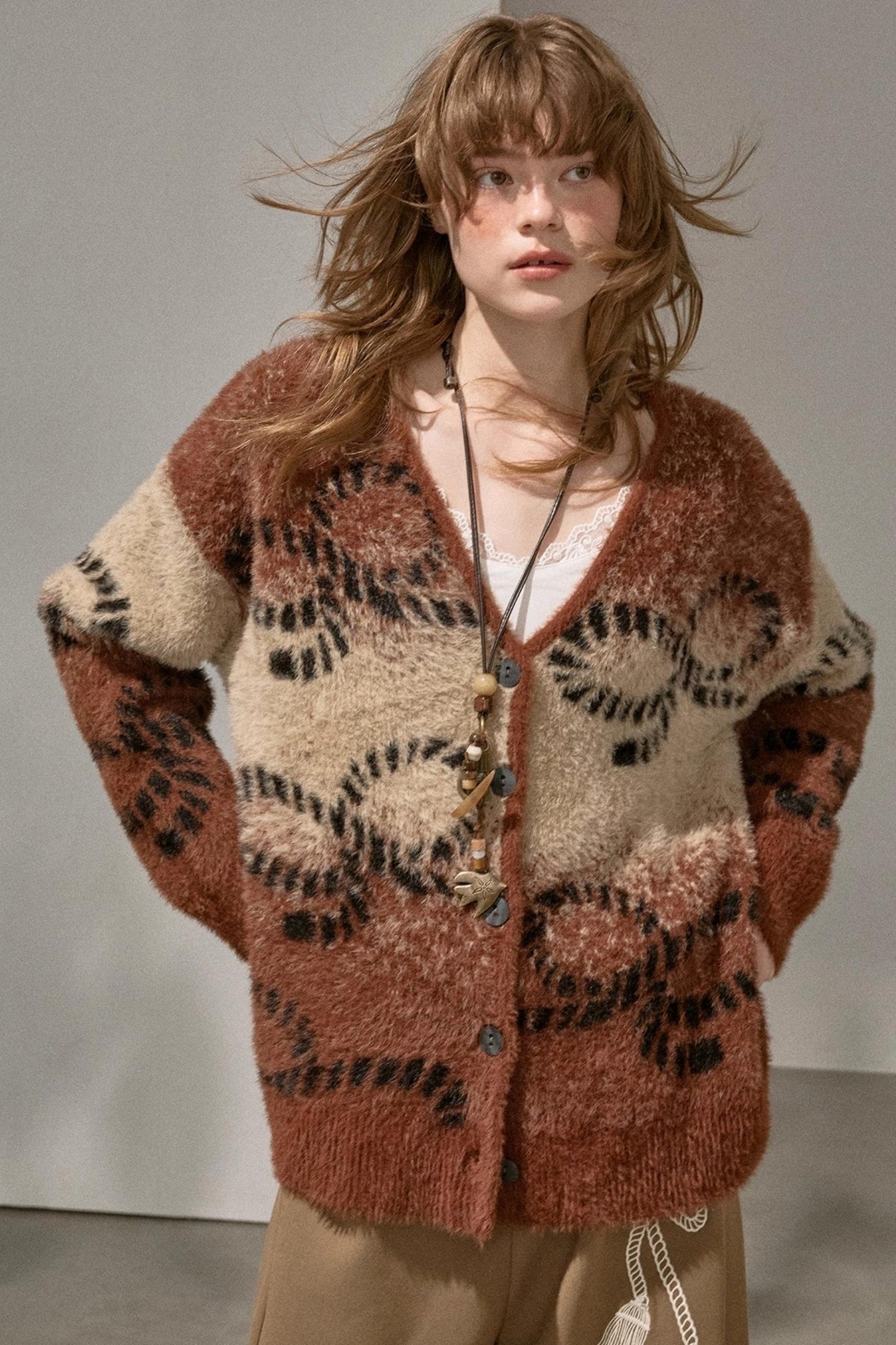 Bow Gradient V-Neck Knitted Cardigan