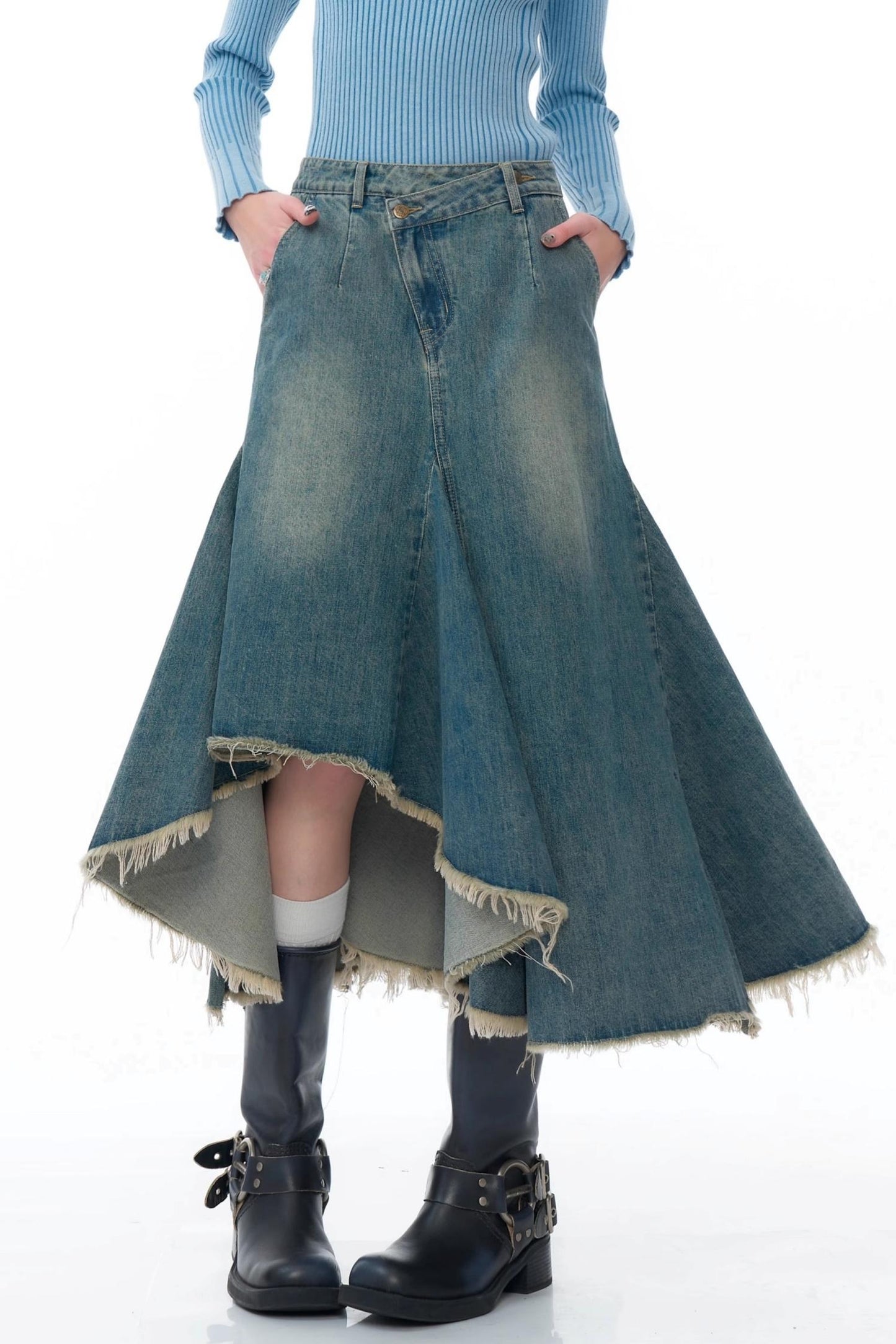 Irregular Design Blue Denim Skirt