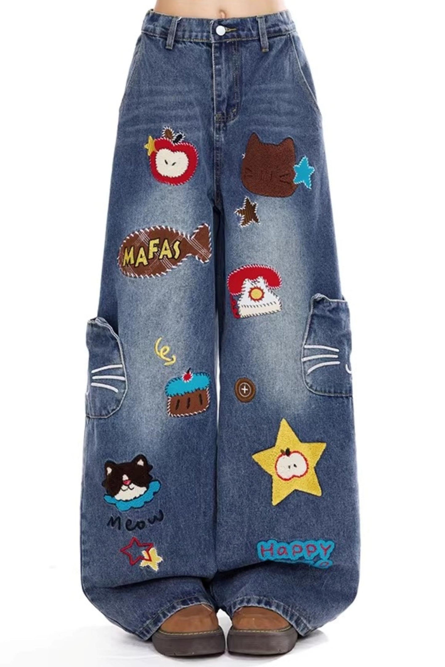 레트로 만화 자수 청바지