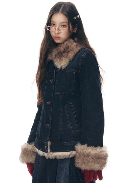 Detachable Fur Collar Denim Jacket Set-Up