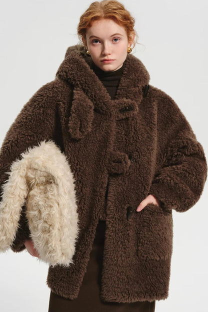 Hooded Horn-Button Full Wool Fur Jacket