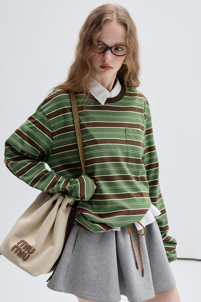 Contrast Stripe Retro Crew Neck Top Set-Up