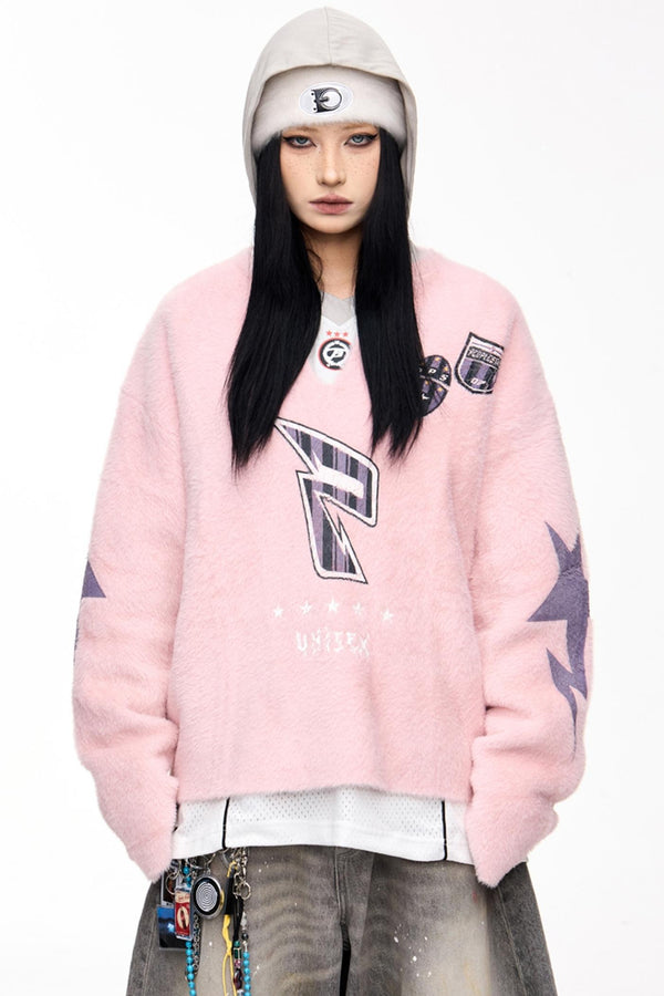 Badge Print Faux Mink Sweater