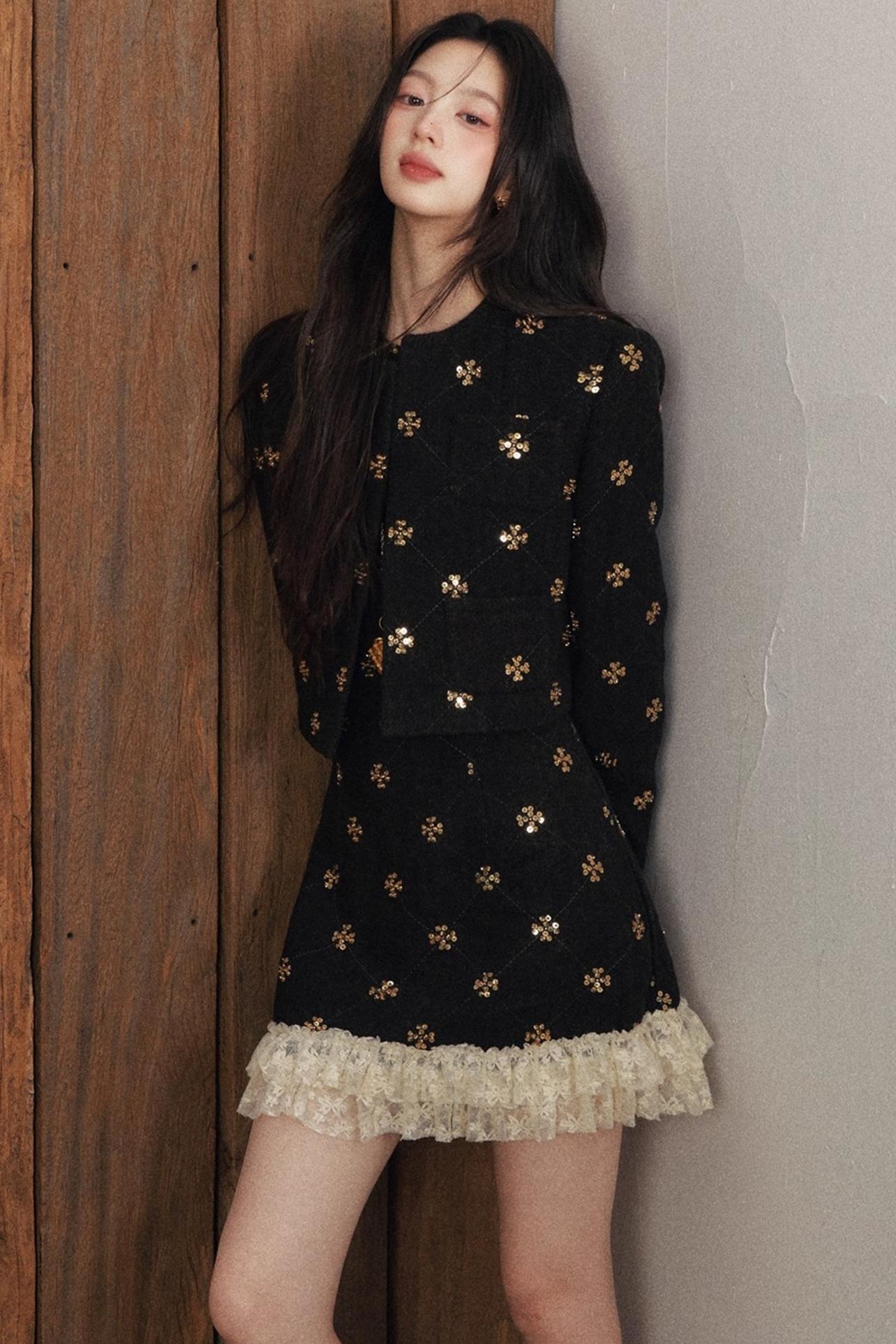 Gold Sequin Tweed Winter Short Coat Set-Up