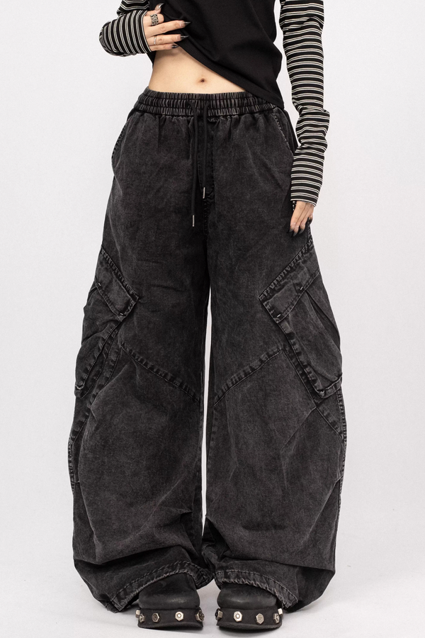Washed Black-Gray Wide-Leg Jeans