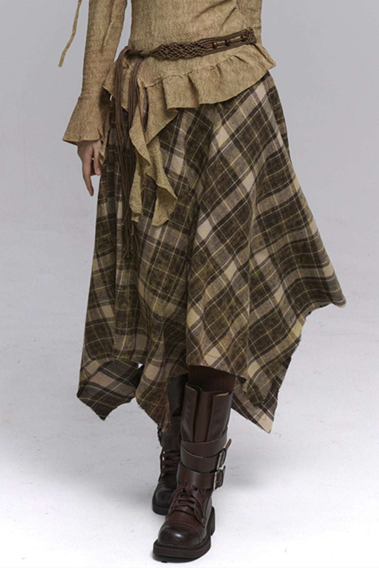 Beautiful Blue Plaid A-Line Skirt & Belt Set