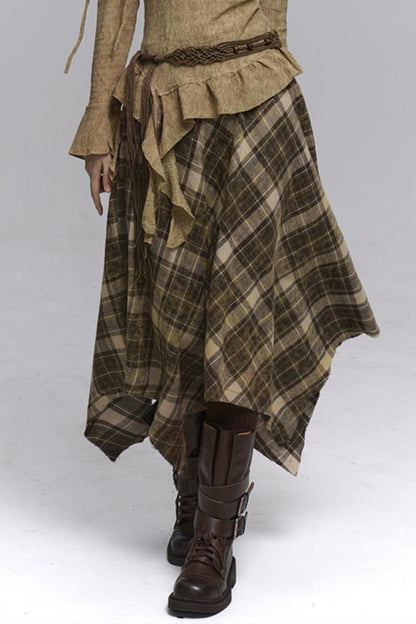 Beautiful Blue Plaid A-Line Skirt & Belt Set