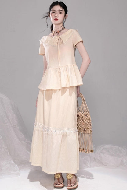 Soft Apricot Wave Layered Skirt Set