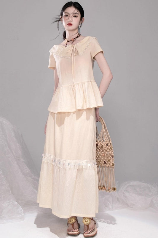 Soft Apricot Wave Layered Skirt Set