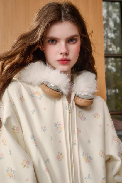 Milky Way Floral Fur Collar Jacket Set-Up