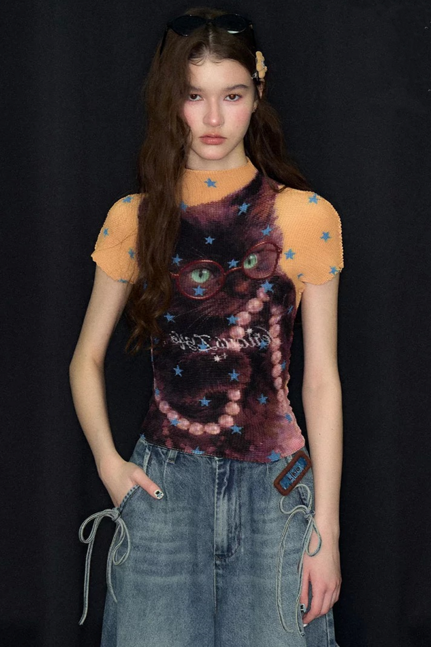 Yellow Star Cat Print Short Sleeve Top