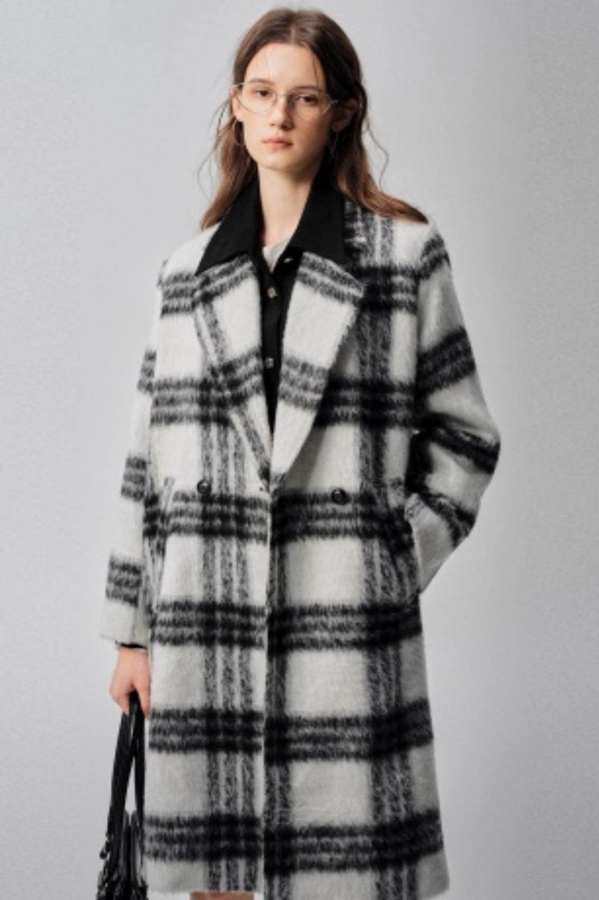 Black & White Plaid High-End Woolen Coat