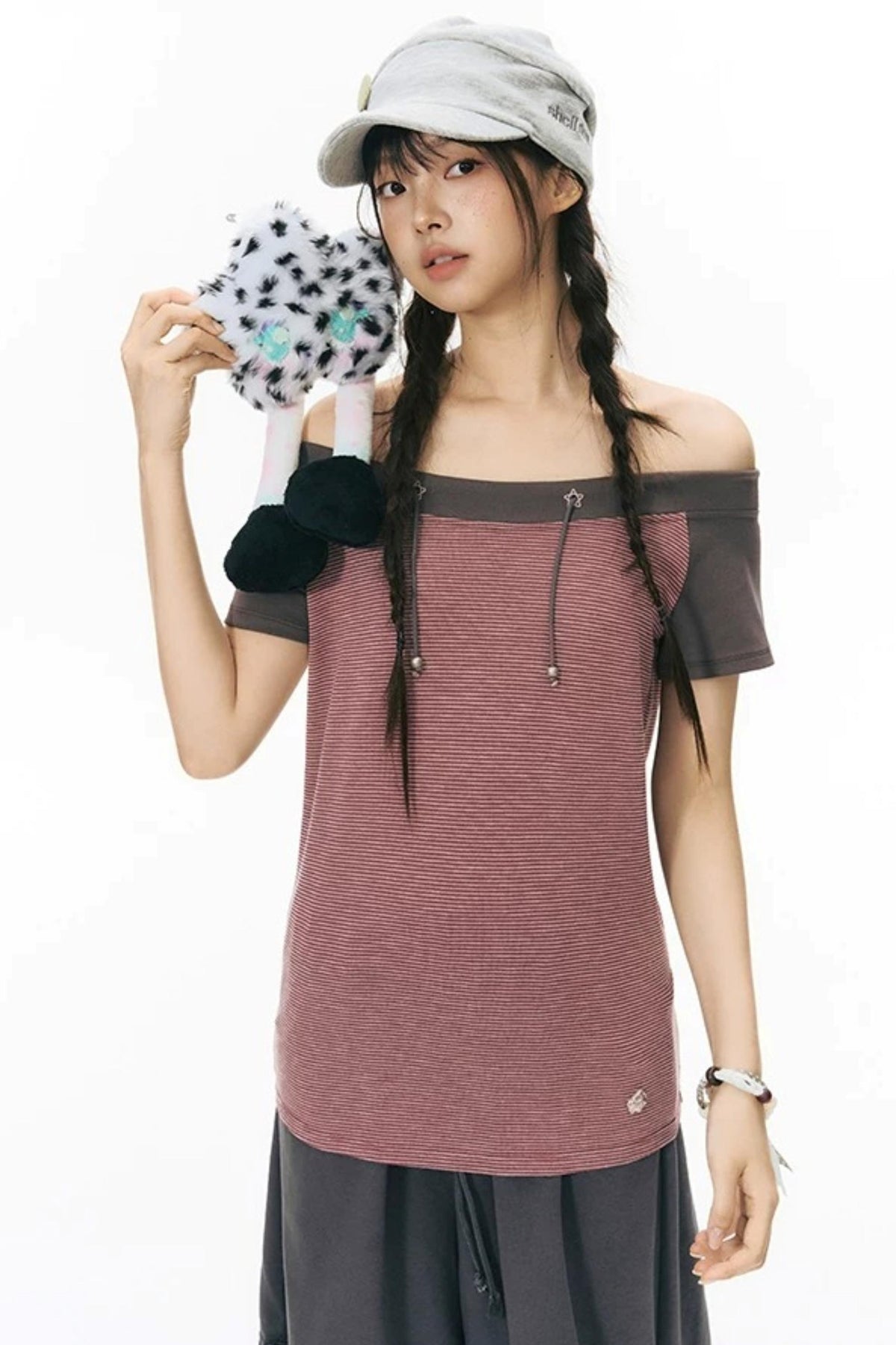 Off-Shoulder Striped Raglan T-Shirt