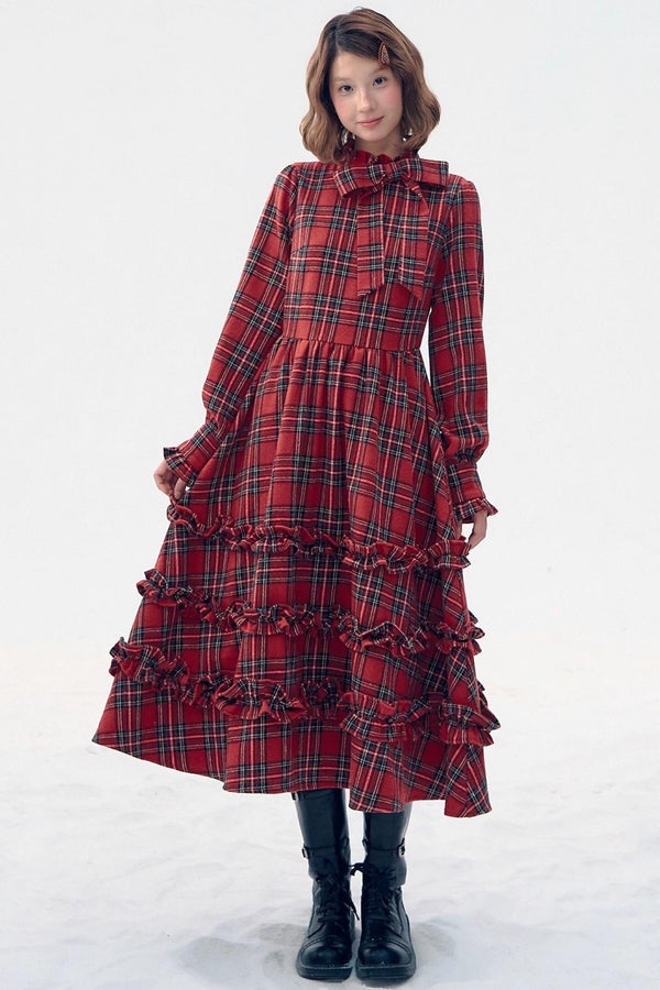 Retro Red Plaid Ruffle Dress