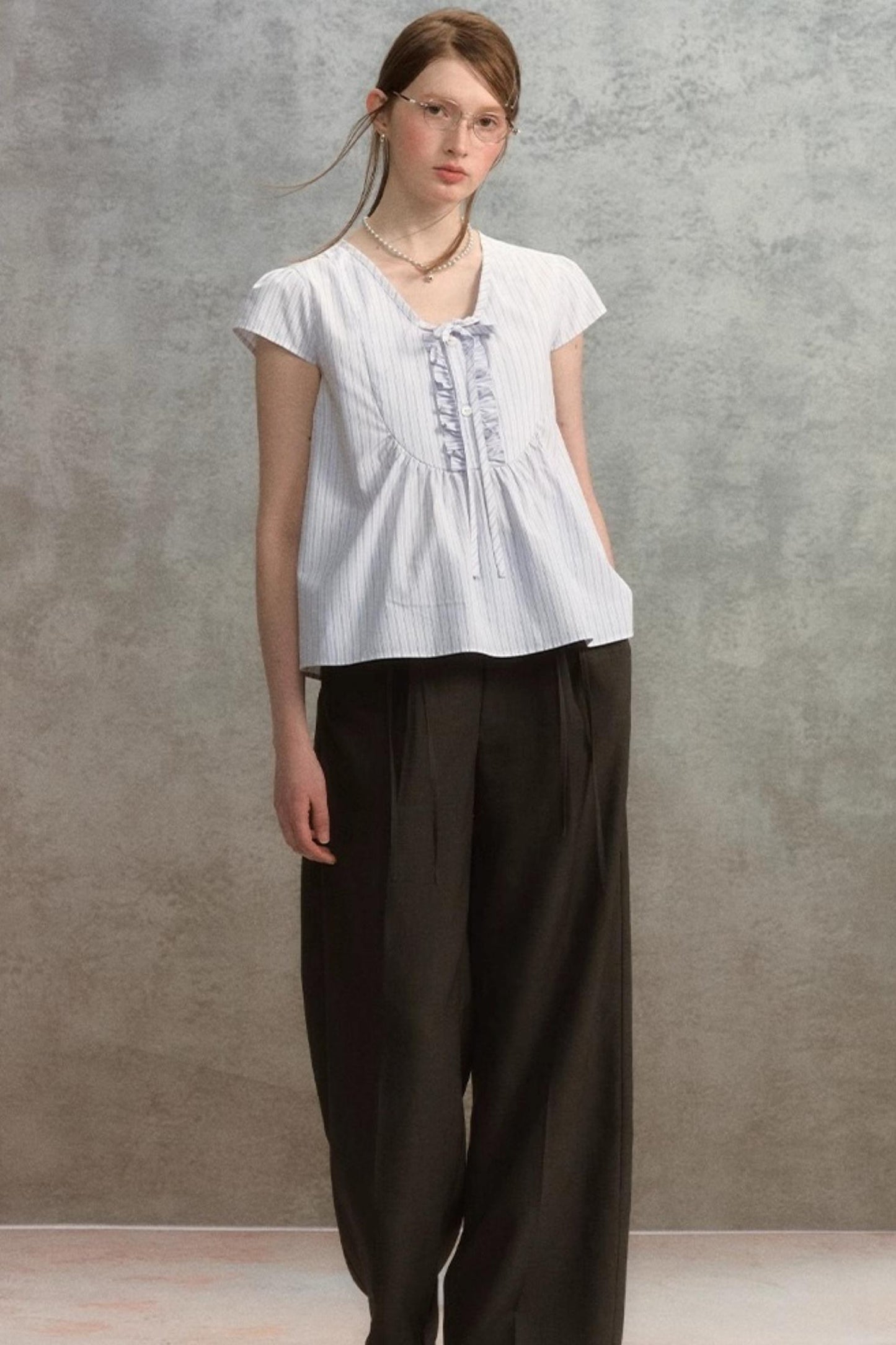 Striped V-Neck Lace Blouse