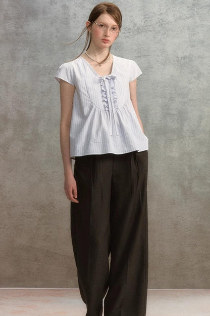 Striped V-Neck Lace Blouse