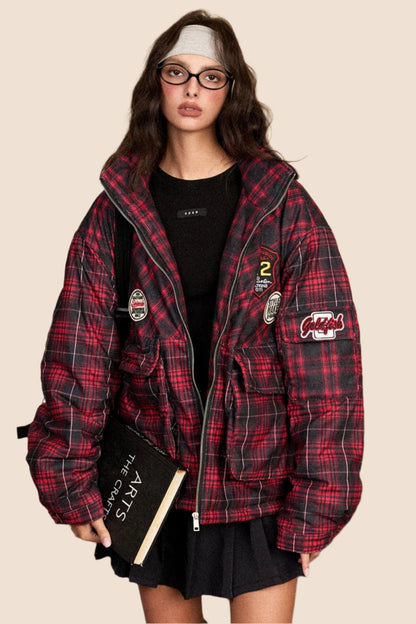 EZEK American Retro Stand Collar Red Plaid Cotton Jacket Baumwolljacke Women's Loose Lazy Thickened Cotton Jacket Breadwear Jacket