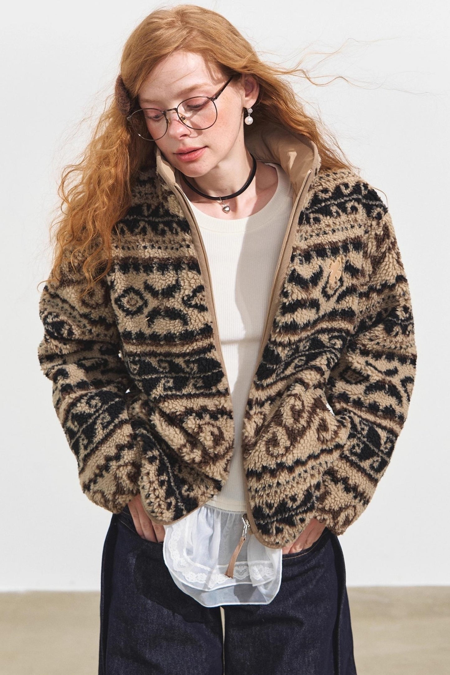 Fleece Jacquard Stand-Up Collar Coat