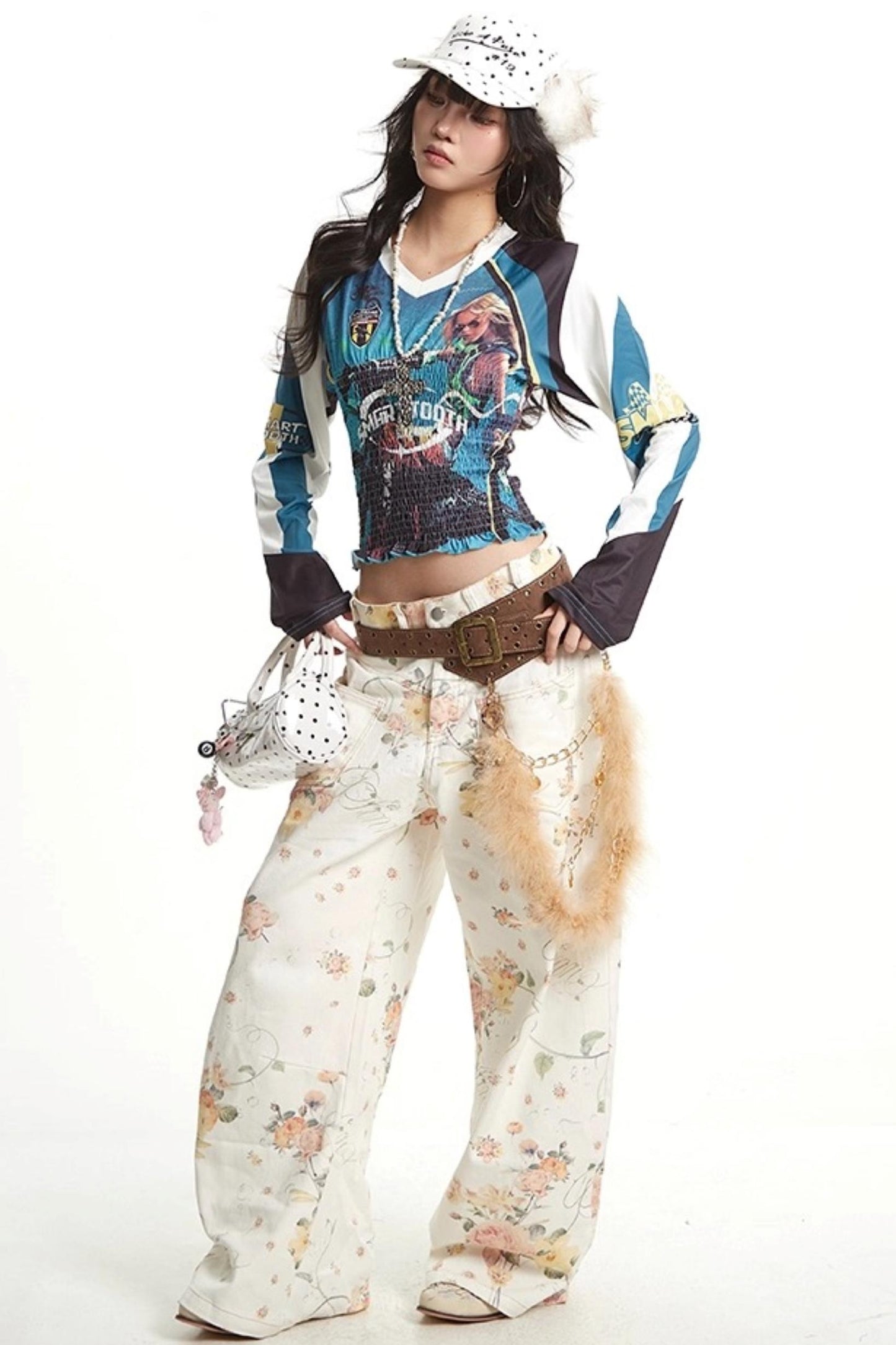 Vintage Pleated Jersey Long Sleeve T-Shirt