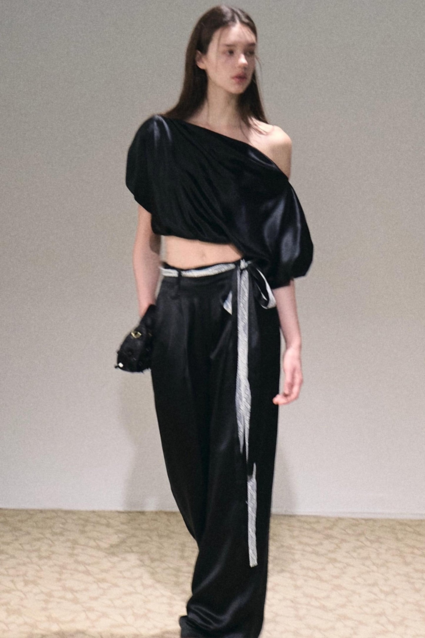 Acetate Bud Slanted Shoulder Top & Pants Set-Up