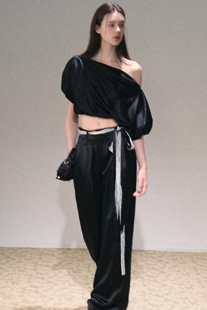 Acetate Bud Slanted Shoulder Top & Pants Set-Up