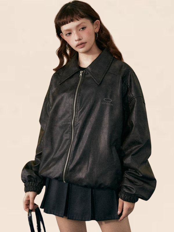 American Retro Shirt Collar Leather Coat