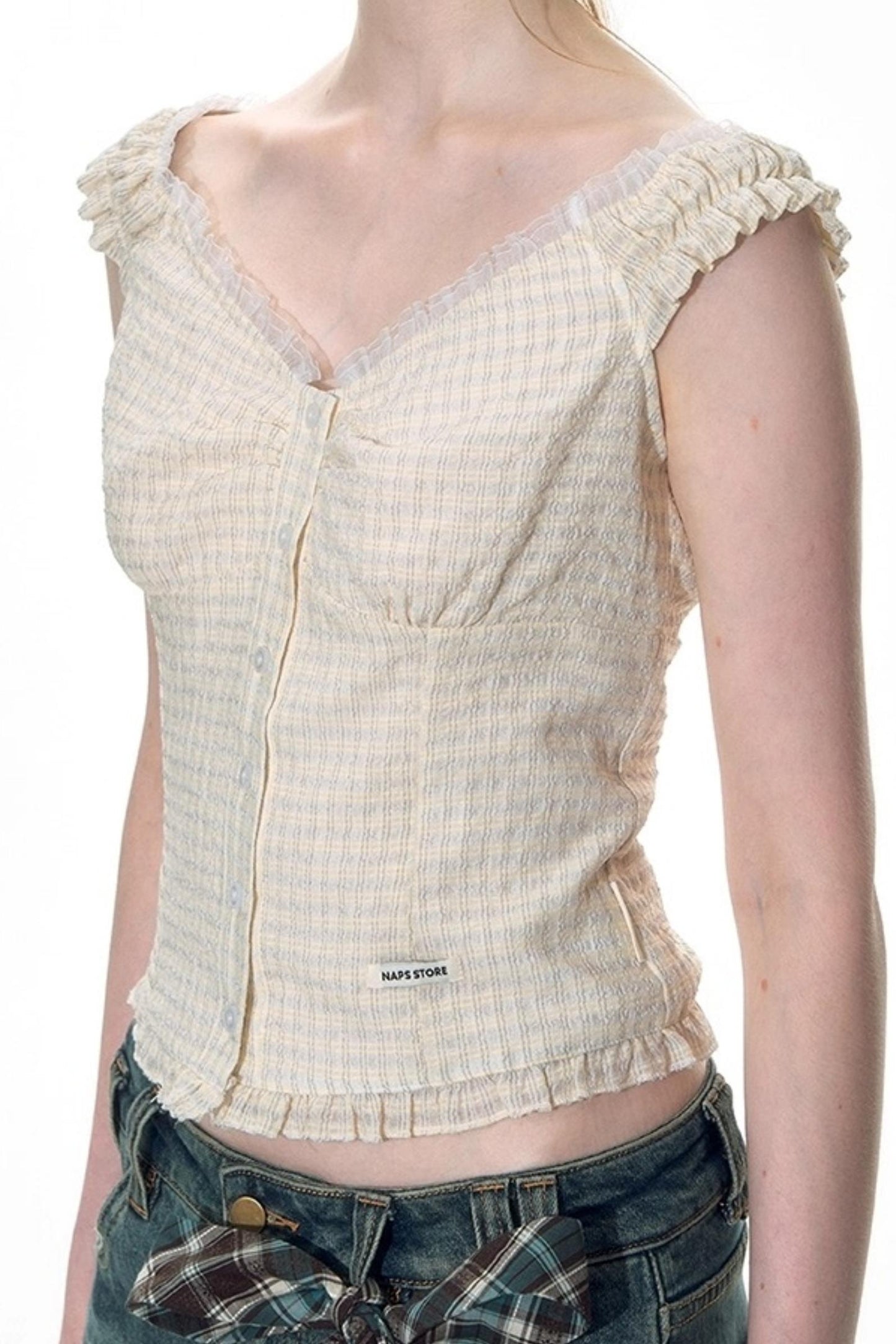 Checked Sleeveless One-Shoulder Shirt Set-Up