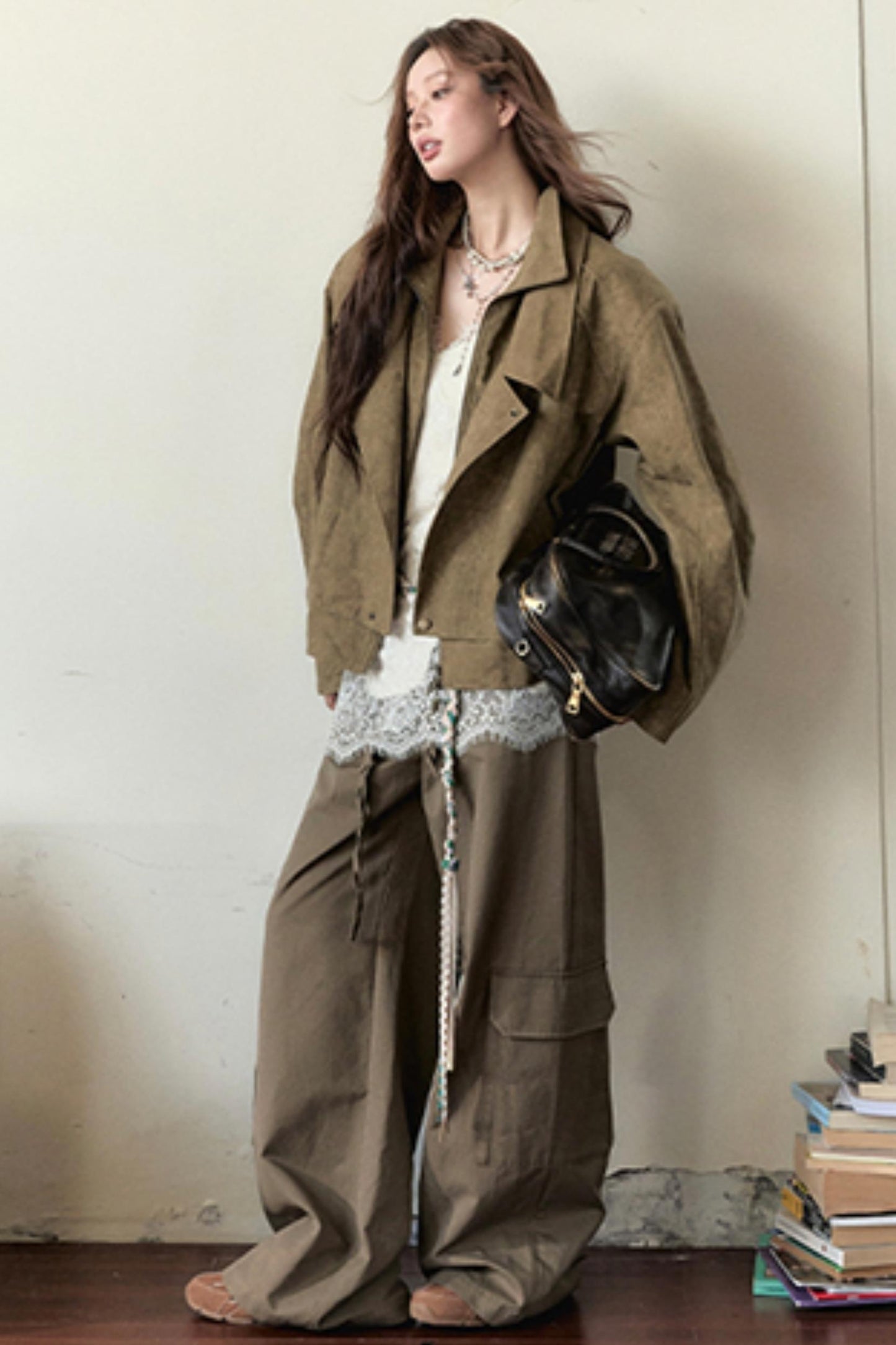 Woven Belt Coat And Lace Vest Set-Up